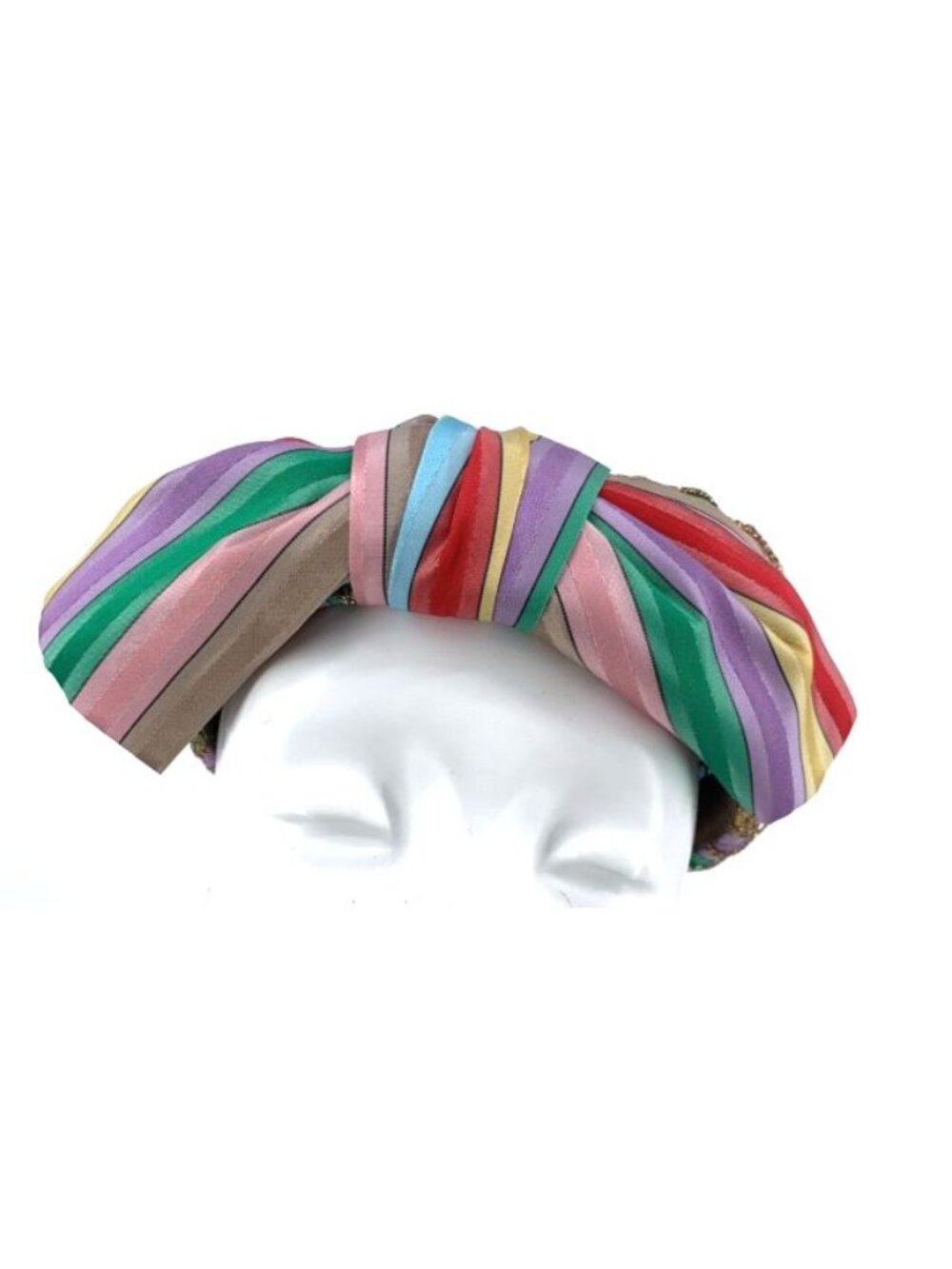 Vintage Womens Hat Stripe Gold Metallic Multicolor Turban 1960s 23" Taffeta